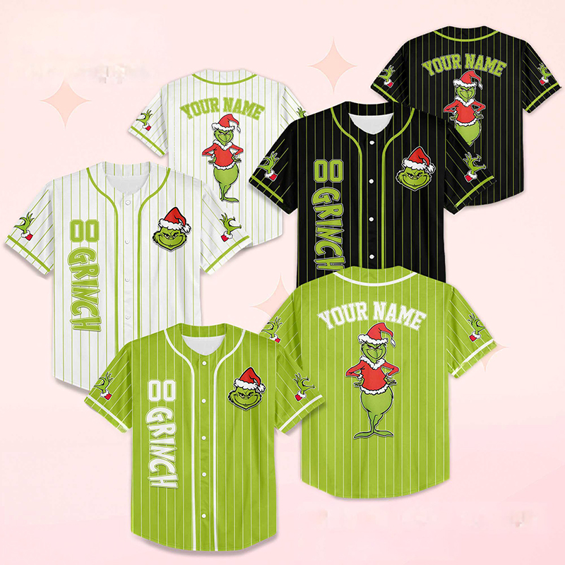 Personalized Name And Number Green Guy With Santa Hat Teacher Baseball Jersey