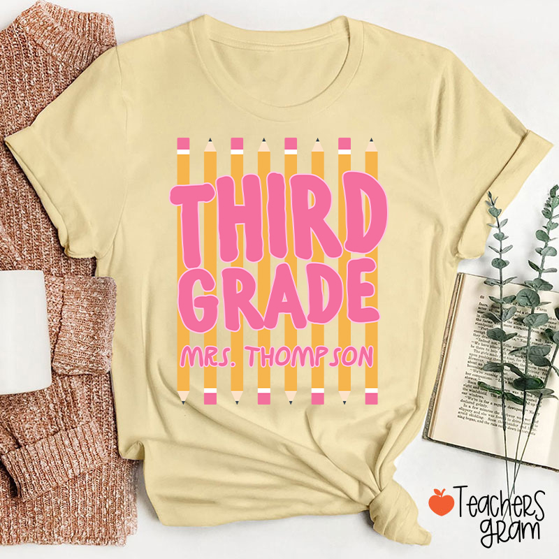 Personalized Name And Grade Pencil Stripes Teacher T-Shirt
