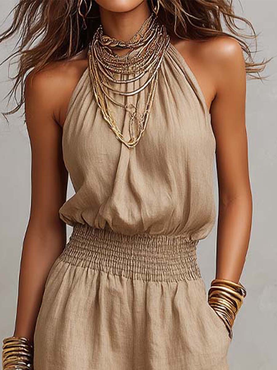 Cotton Linen Halter Neck Smocked Waist Wide Leg Jumpsuit