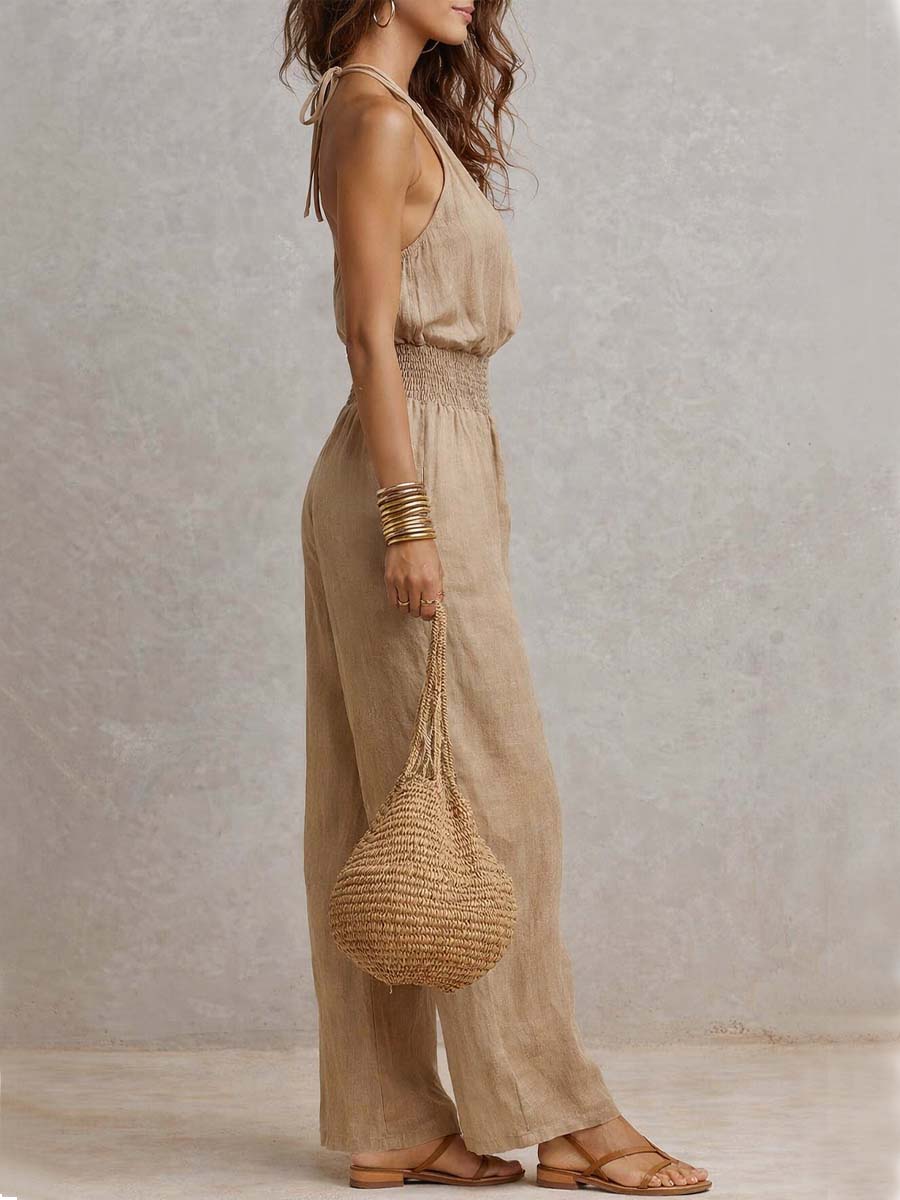 Cotton Linen Halter Neck Smocked Waist Wide Leg Jumpsuit