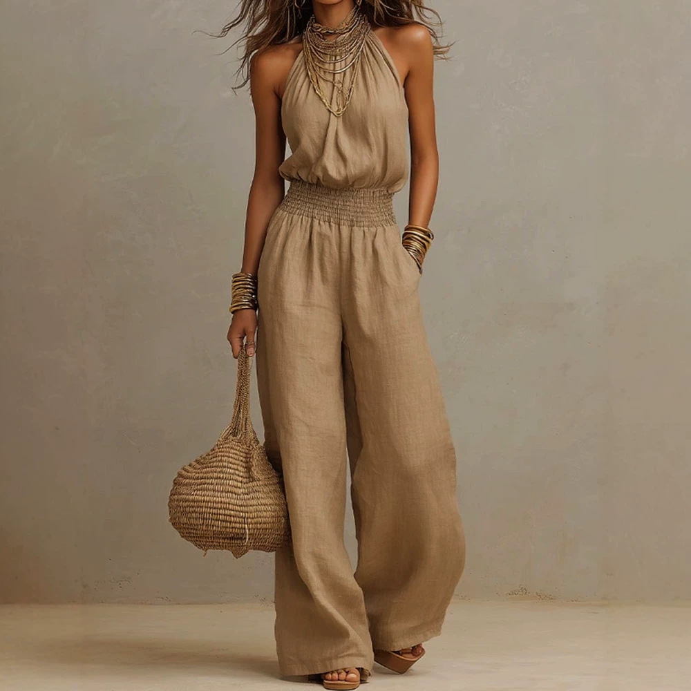 Cotton Linen Halter Neck Smocked Waist Wide Leg Jumpsuit