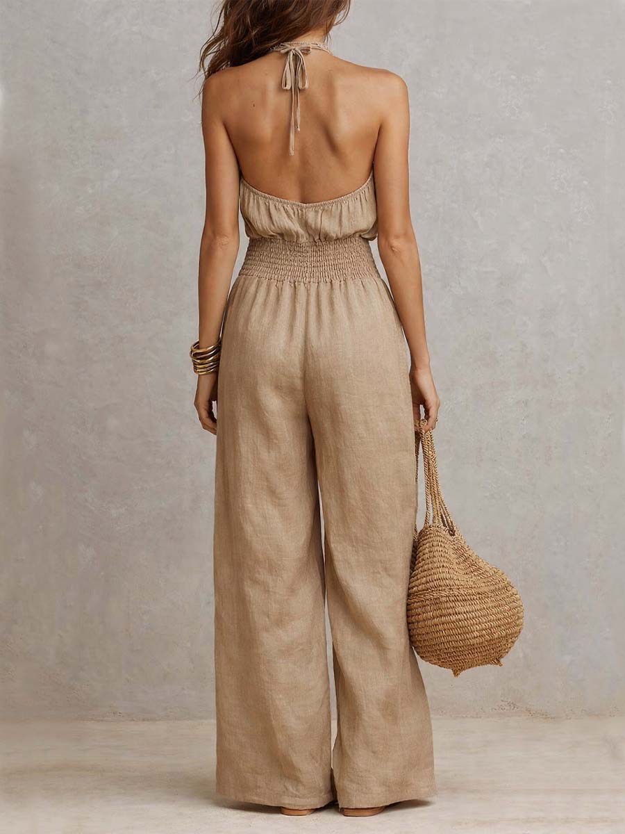 Cotton Linen Halter Neck Smocked Waist Wide Leg Jumpsuit