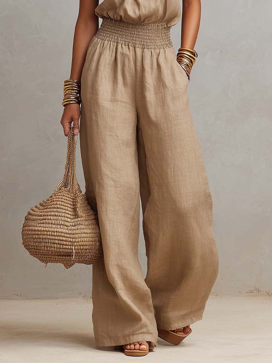 Cotton Linen Halter Neck Smocked Waist Wide Leg Jumpsuit