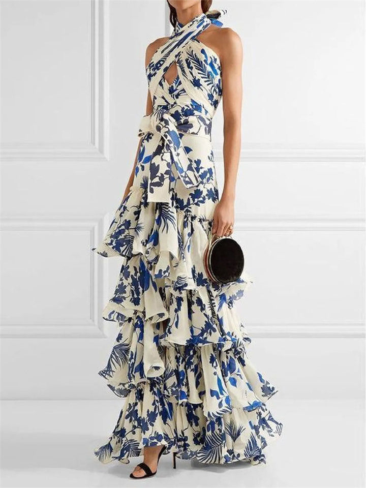 Women's Cross Strap Printed Tiered Maxi Dresses
