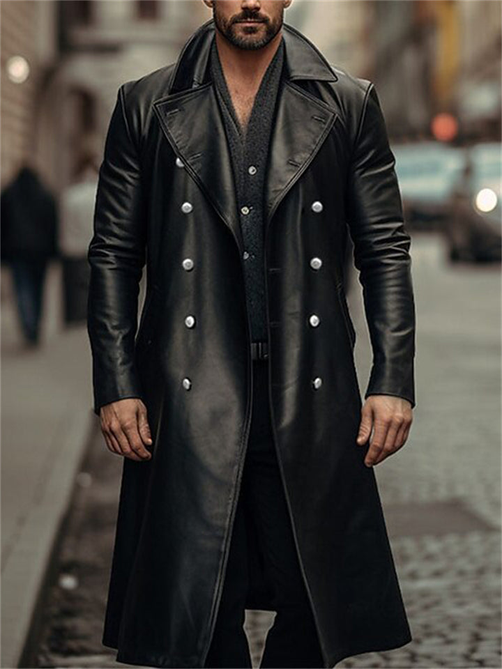 Fashion Double-breasted Faux Leather Long Trench Coats for Men
