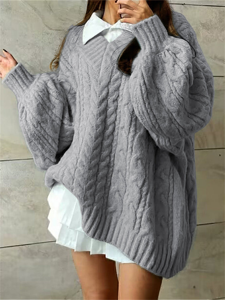 Women's V Neck Lantern Sleeve Mid-Length Cable Knit Sweater