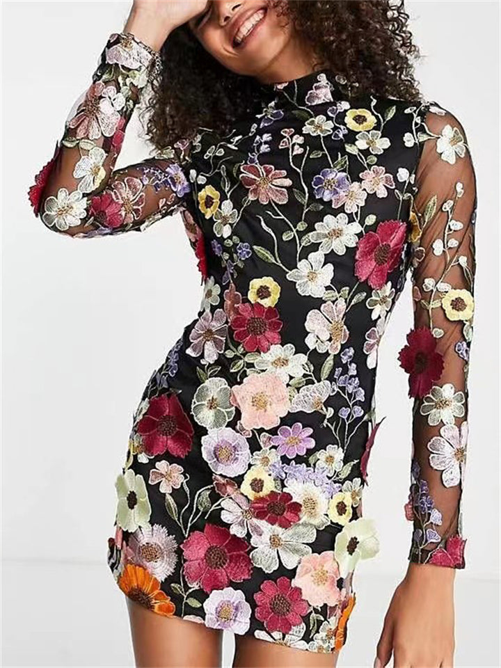 Women's Flower Embroidery Bodycon Sexy Mini Dresses