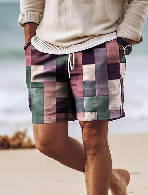 Men's Surf Shorts Drawstring Swim Shorts with Mesh Lining Elastic Waistband Colorblocked Quick Dry Shorts Holiday Beach Casual
