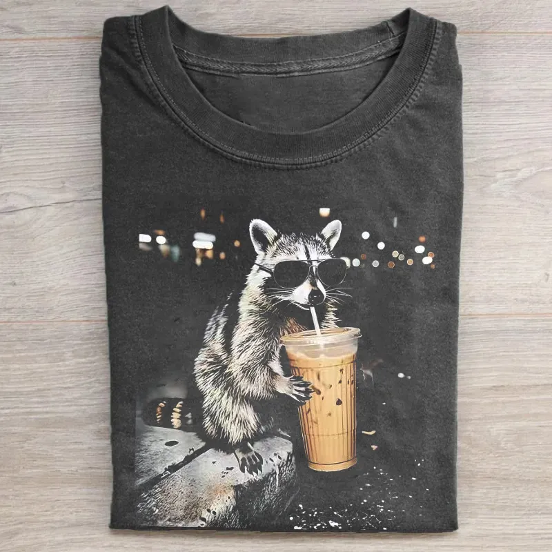 Funny Raccoon Drinking Iced Coffee T-shirt
