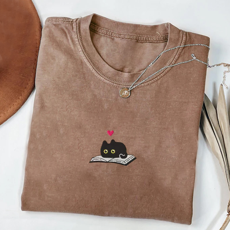 Black Cat and Book Embroidered T-shirt