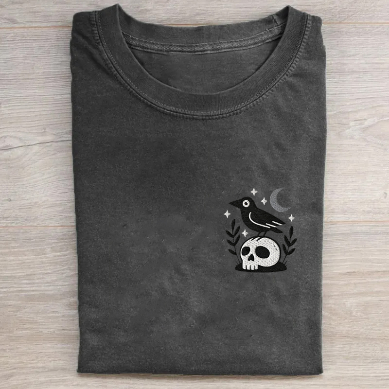 Witchy Crow Skull Embroidered T-shirt