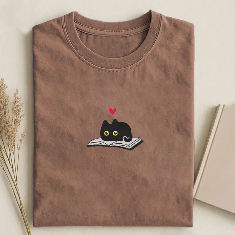 Black Cat and Book Embroidered T-shirt