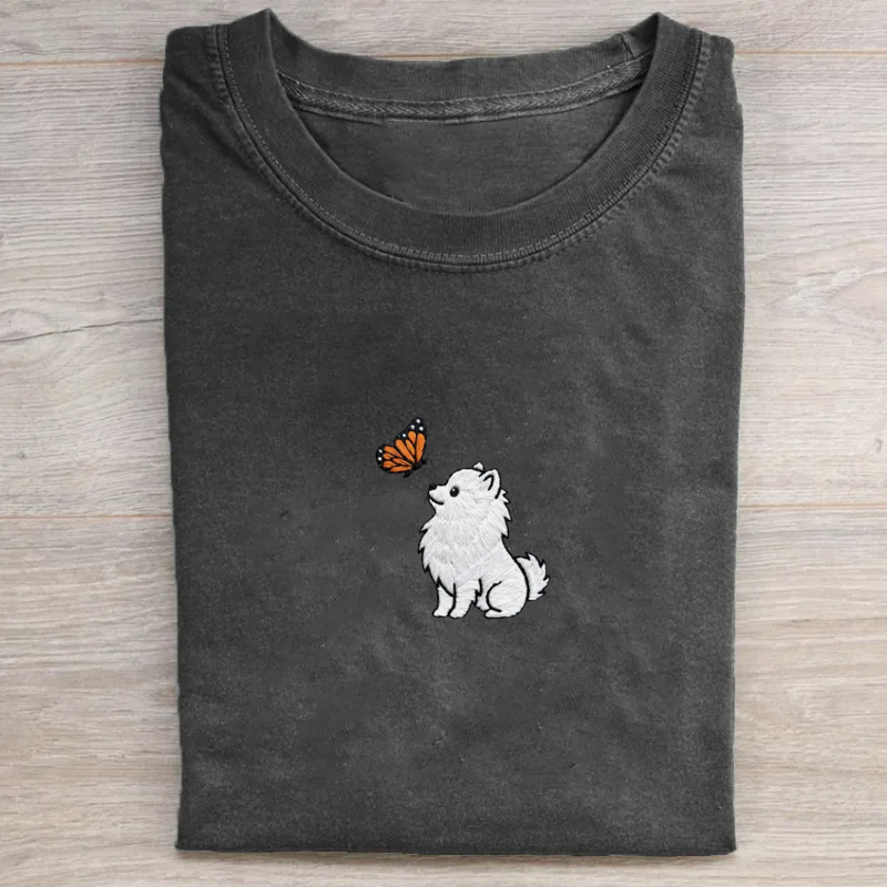 Pomeranian Butterfly Embroidered T-shirt