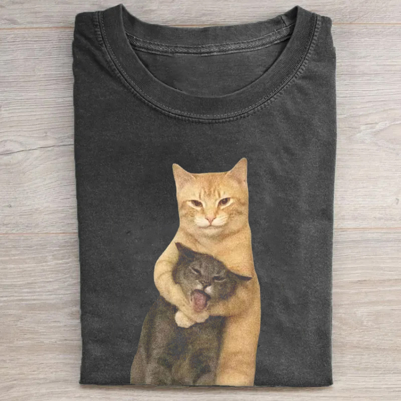 Funny Meme Light Orange Cat Standing Upright Wrapping Gray Cat T-shirt
