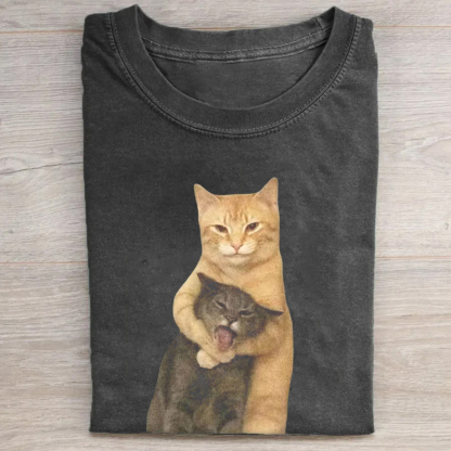 Funny Meme Light Orange Cat Standing Upright Wrapping Gray Cat T-shirt