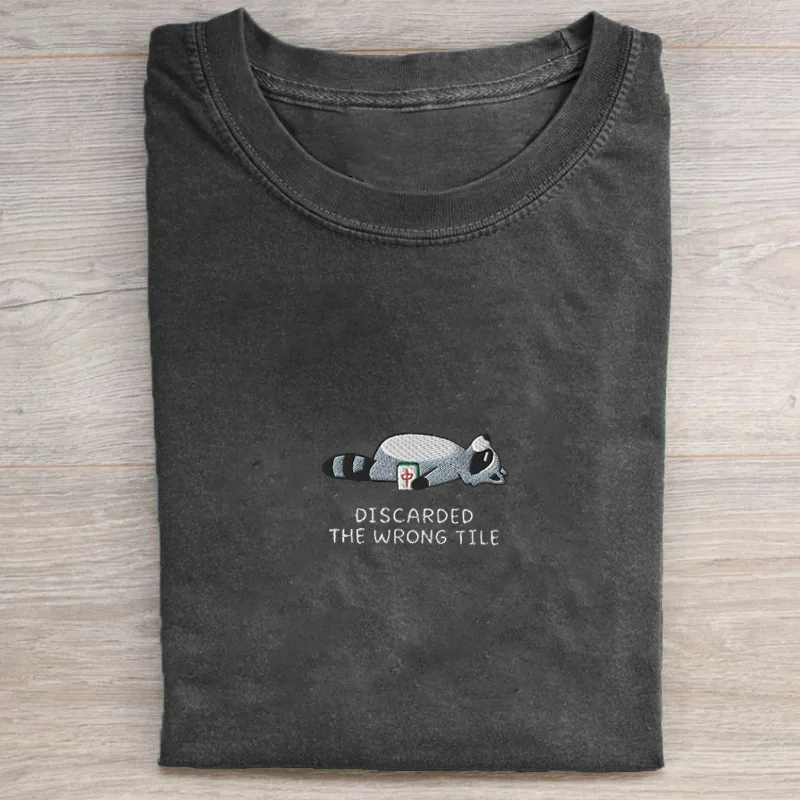 Embroidered Funny Mahjong Raccoon T-shirt