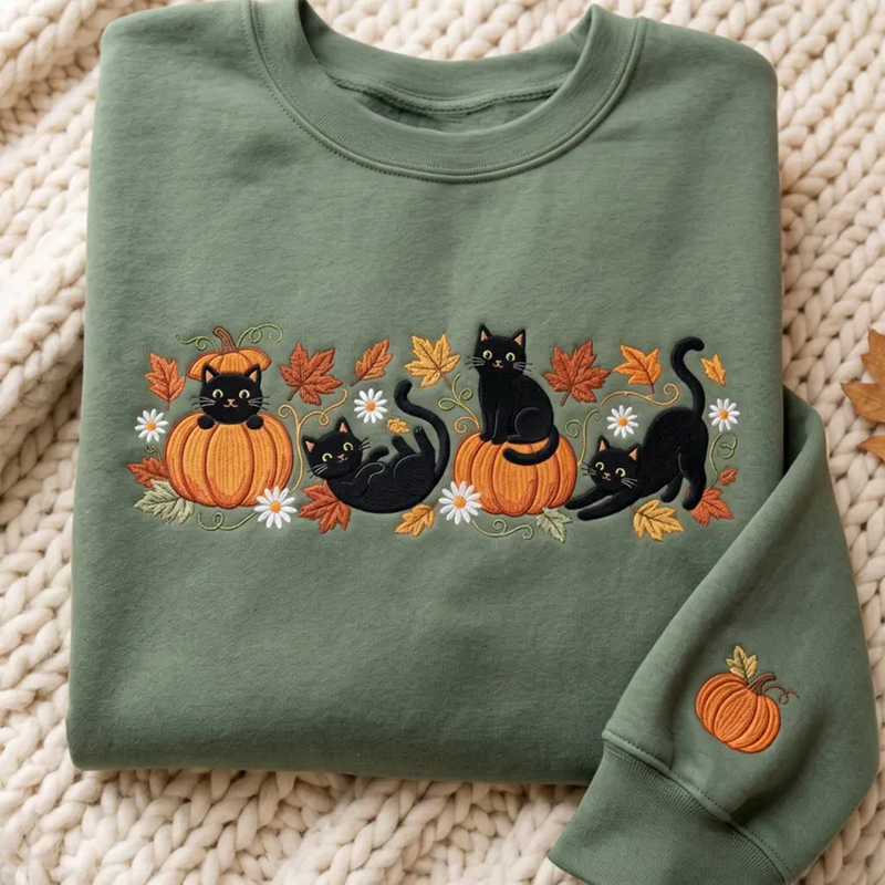 Embroidered Black Cat Pumpkin Sweatshirt