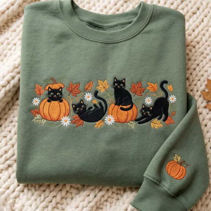 Embroidered Black Cat Pumpkin Sweatshirt