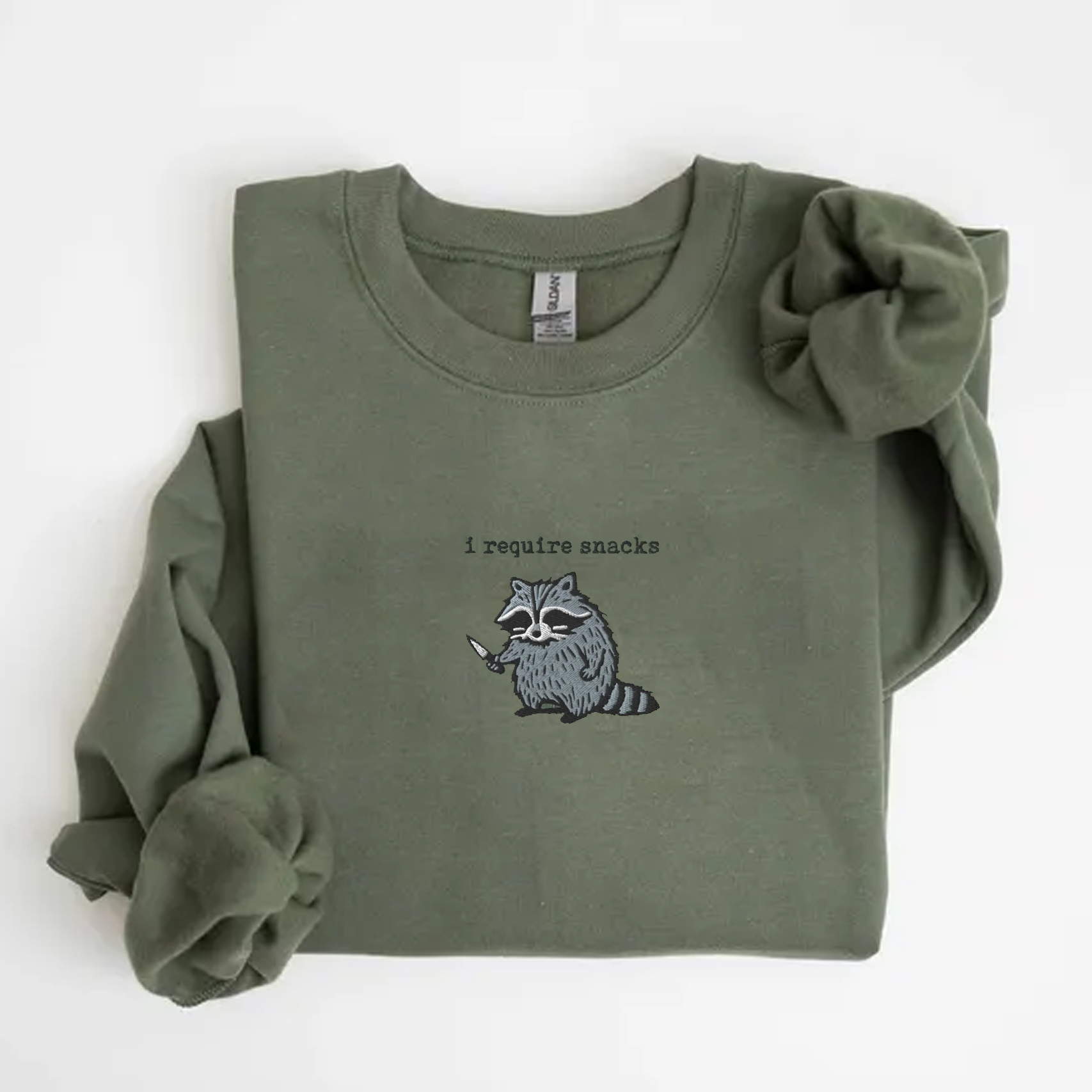 I Require Snacks Embroidered Raccoon Sweatshirt