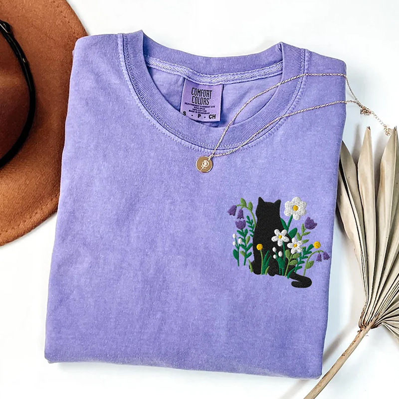 Embroidered Black Cat Cottagecore T-shirt