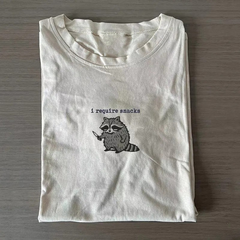 I Require Snacks Embroidered Raccoon T-shirt