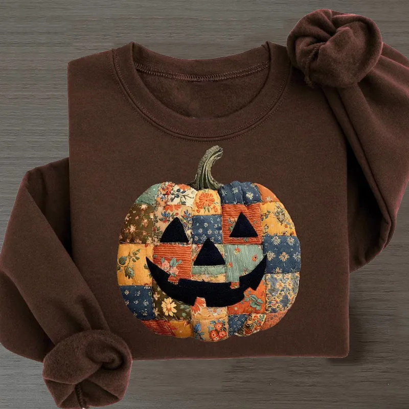 Retro Patchwork Halloween Pumpkin Sweatshirt