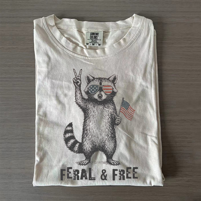Funny 4th of July Feral & Free Raccoon T-shirt