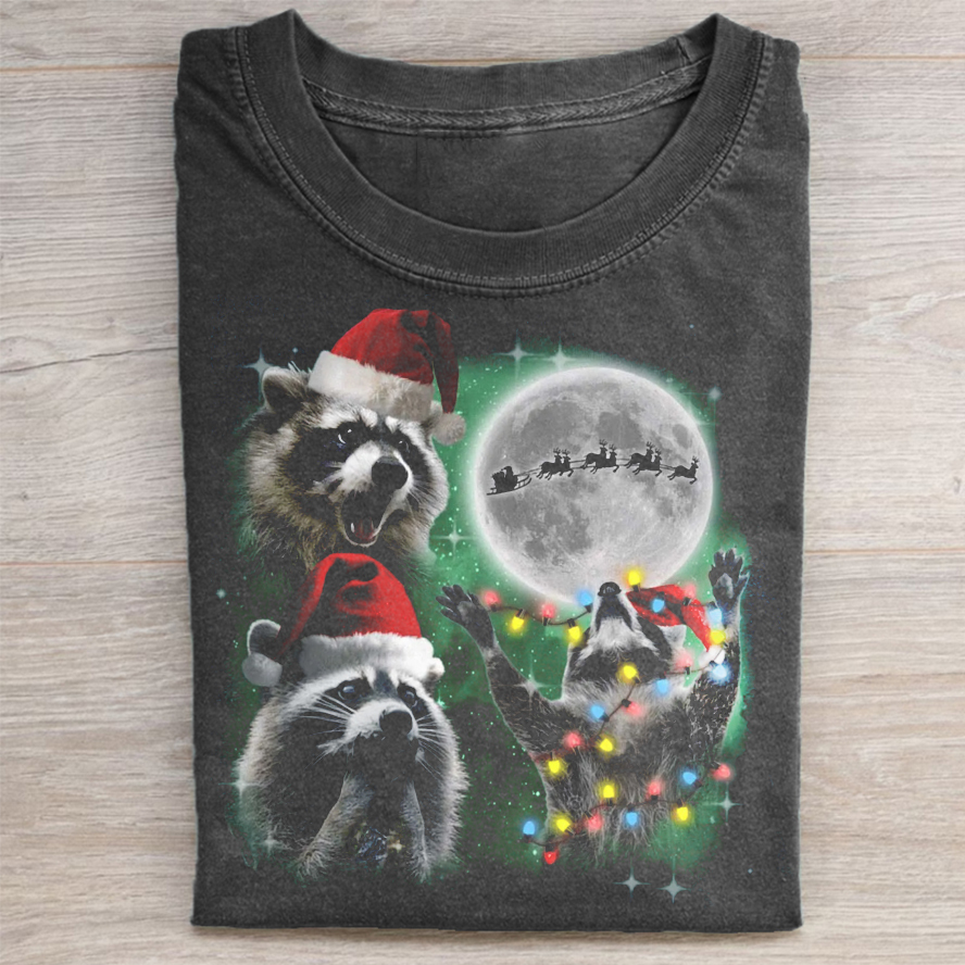 Three Raccoons With The Moon Christmas T-shirt