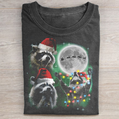 Three Raccoons With The Moon Christmas T-shirt