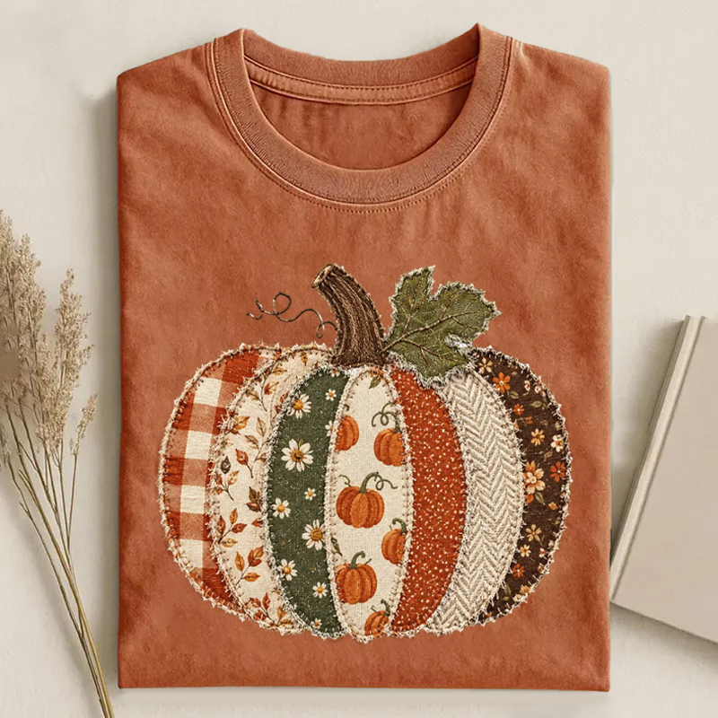 Faux Patchwork Fall Pumpkin T-Shirt