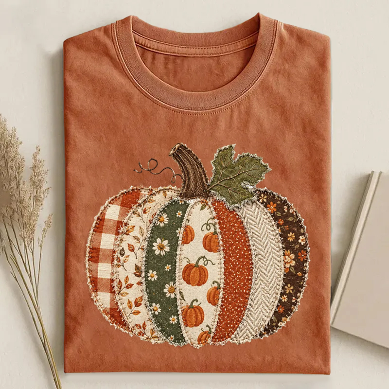 Faux Patchwork Fall Pumpkin T-Shirt