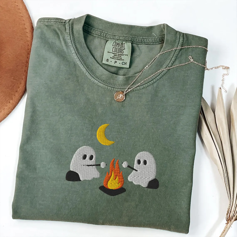 Cute Ghosts Camping Embroidered Comfort Colors T-shirt