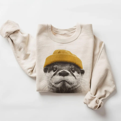 Retro River Otter Wearing Beanie Unisex Sweatshirt