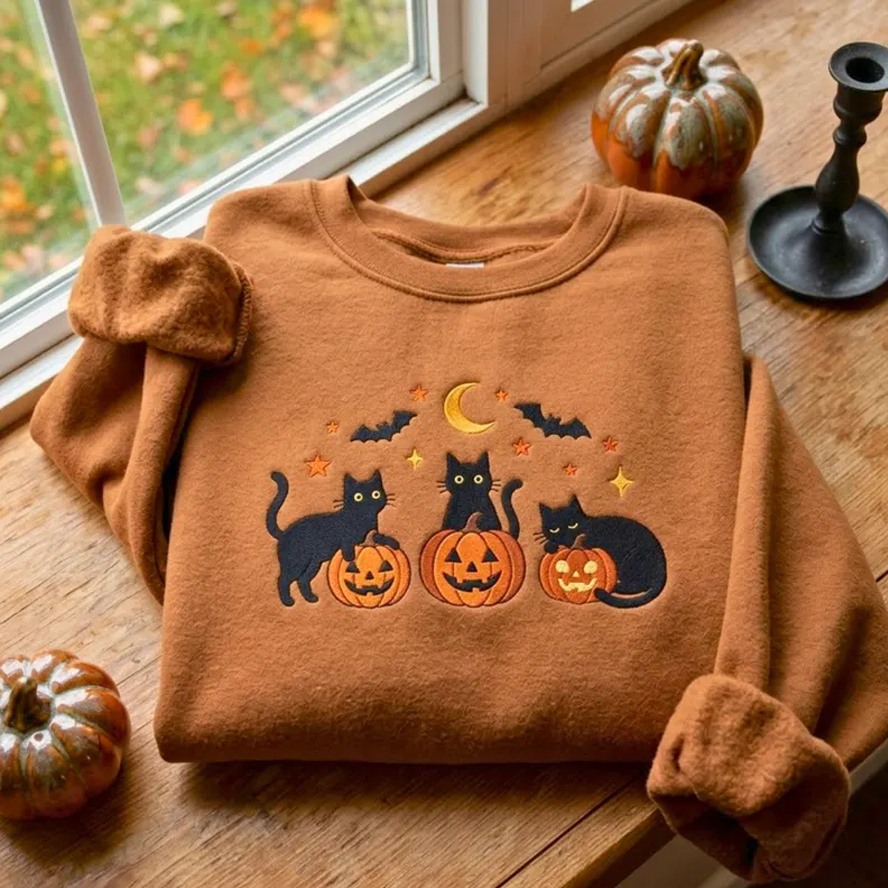 Embroidered Black Cats Pumpkins Sweatshirt