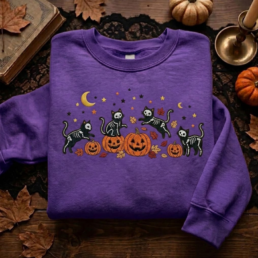 Embroidered Halloween Black Skeleton Cat Sweatshirt