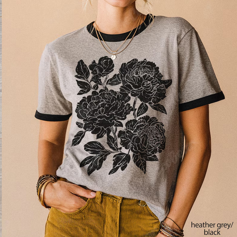 Retro Linocut Peonies Ringer T-shirt