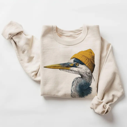 Retro 90's Great Blue Heron Wearing Beanie Sweatshirt