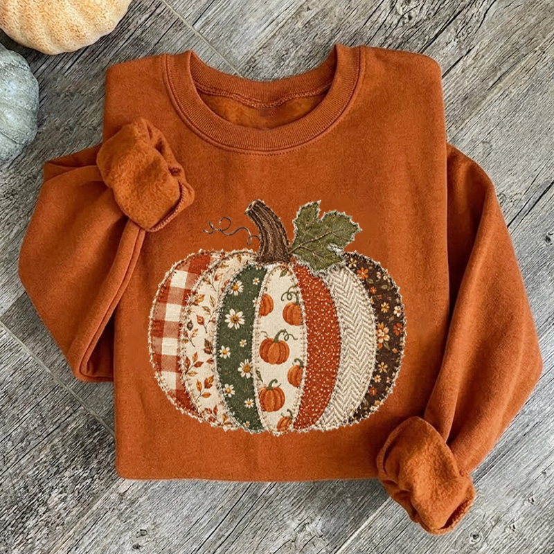 Faux Patchwork Fall Pumpkin Sweatshirt