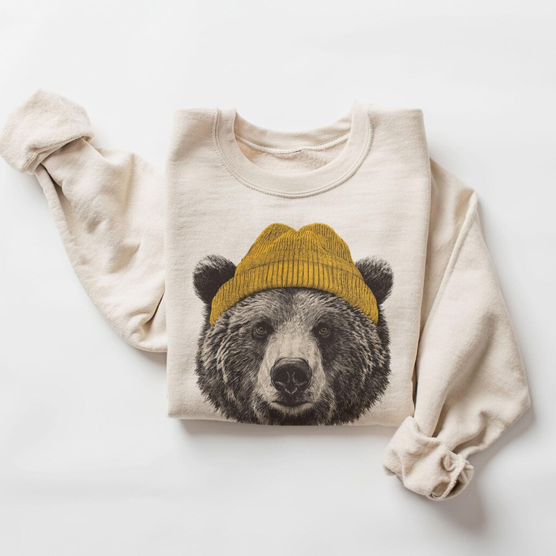 Grizzly Bear in Beanie Sweatshirt