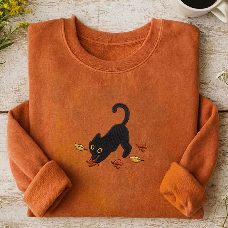Cat Pouncing Leaves Embroidered Sweatshirt