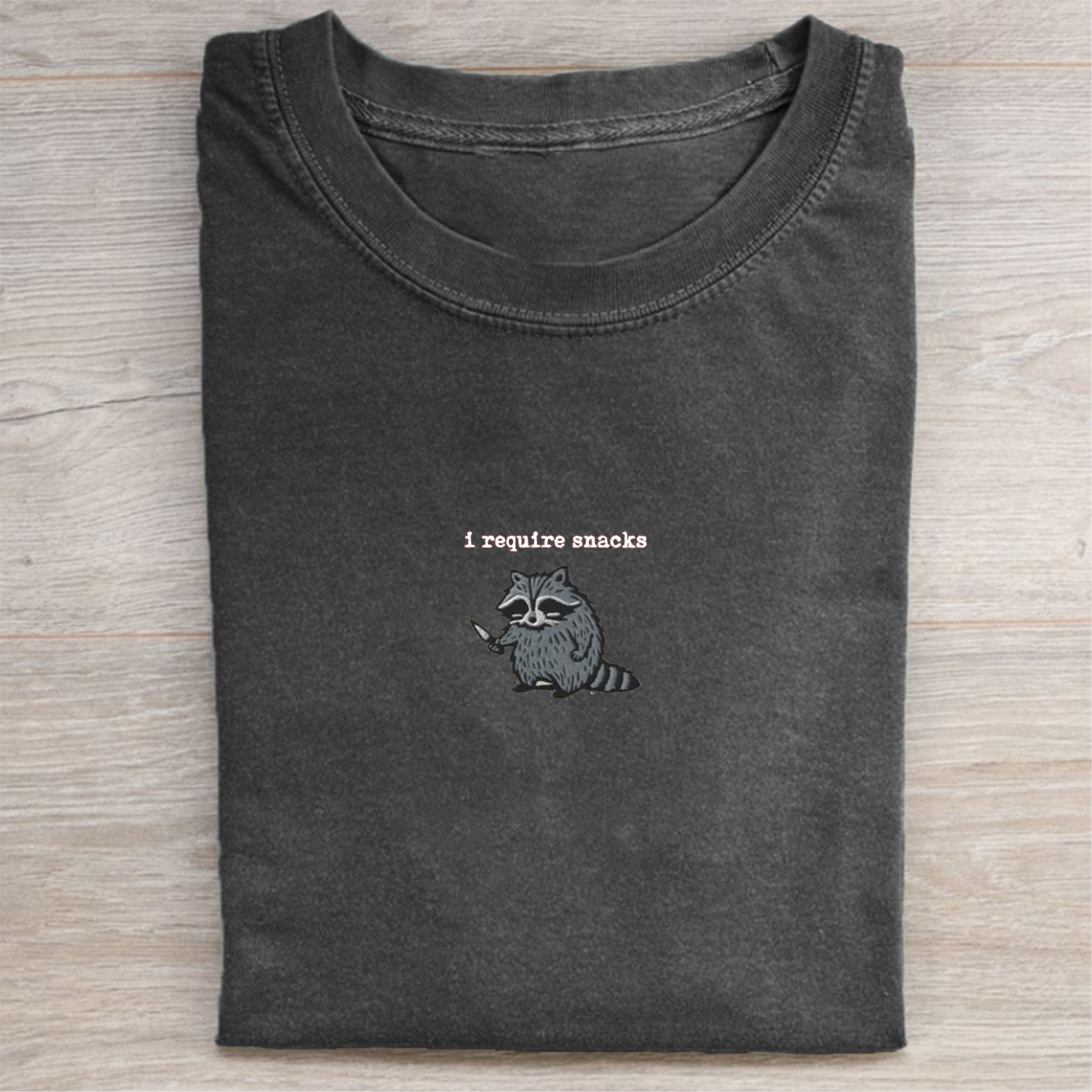 I Require Snacks Embroidered Raccoon T-shirt