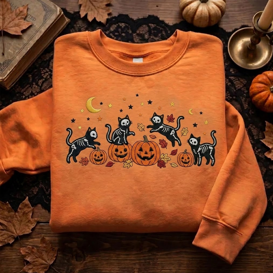 Embroidered Halloween Black Skeleton Cat Sweatshirt