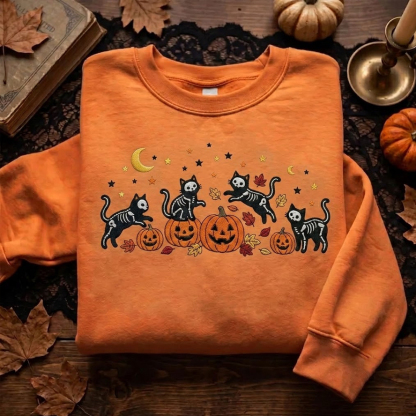 Embroidered Halloween Black Skeleton Cat Sweatshirt
