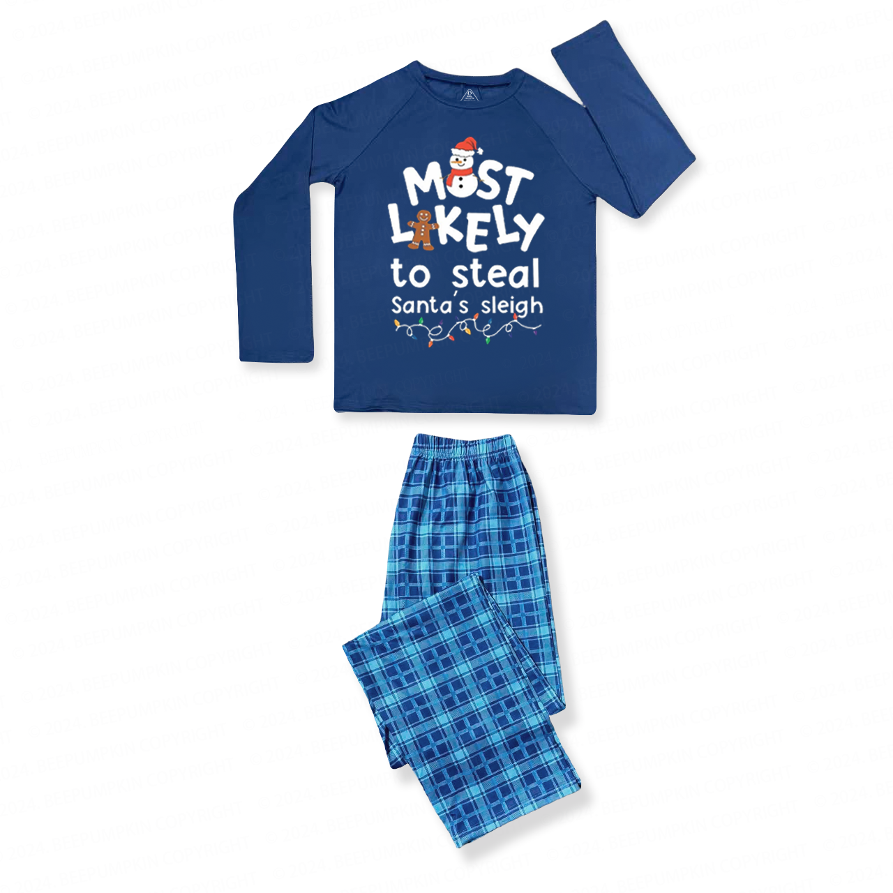 Most Likely To Gingerbread And Snowman Family Matching Blue Pajamas Beepumpkin