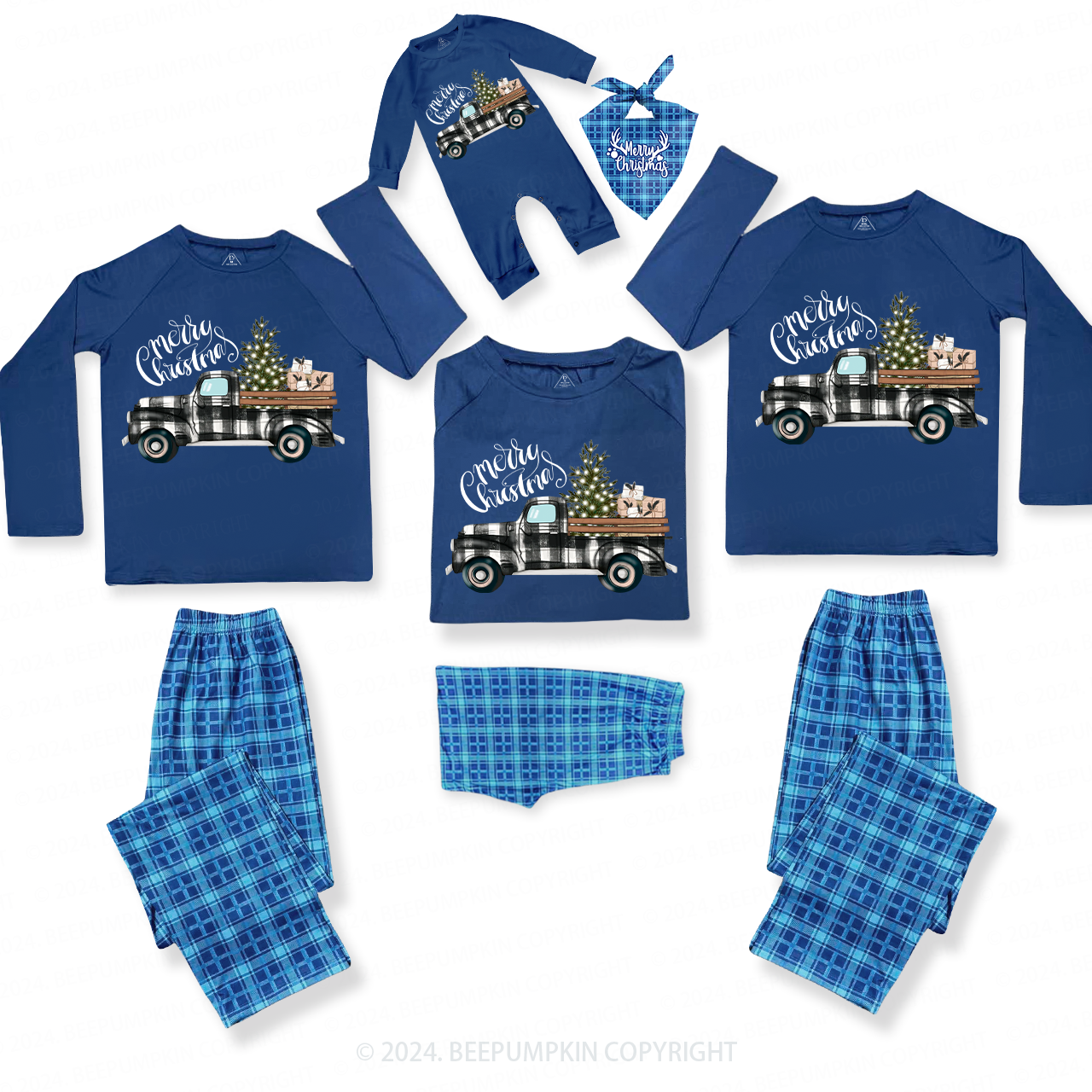 Christmas Tree&Truck Family Matching Blue Pajamas Beepumpkin