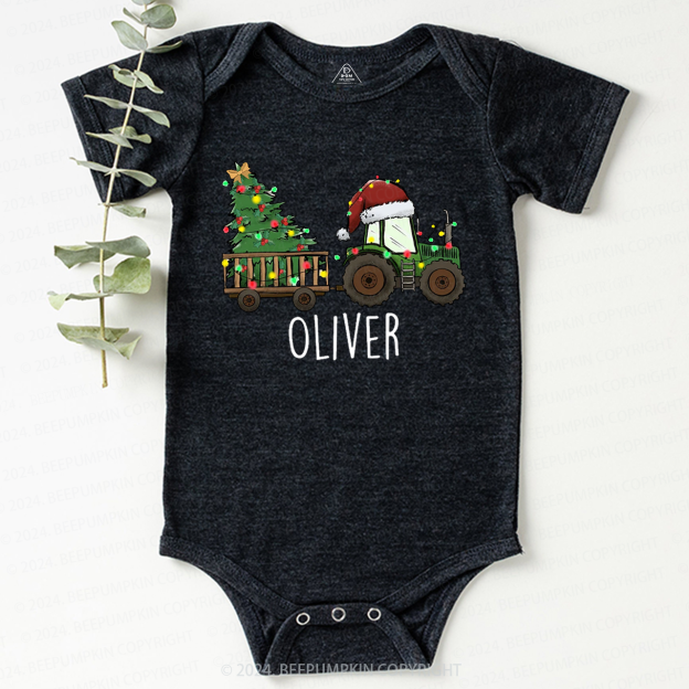 Personalized Christmas Tractor And Tree Baby Bodysuit