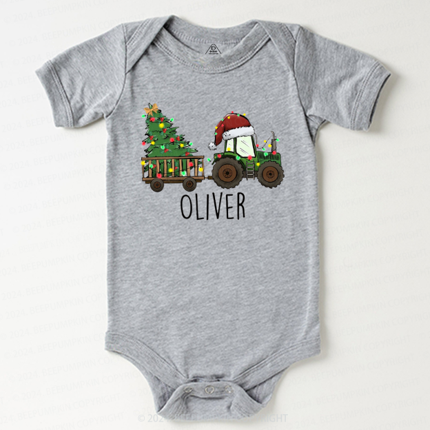 Personalized Christmas Tractor And Tree Baby Bodysuit