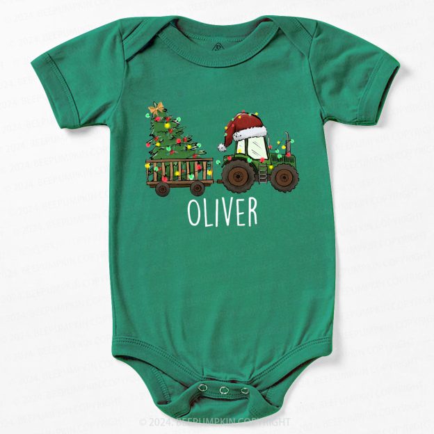 Personalized Christmas Tractor And Tree Baby Bodysuit