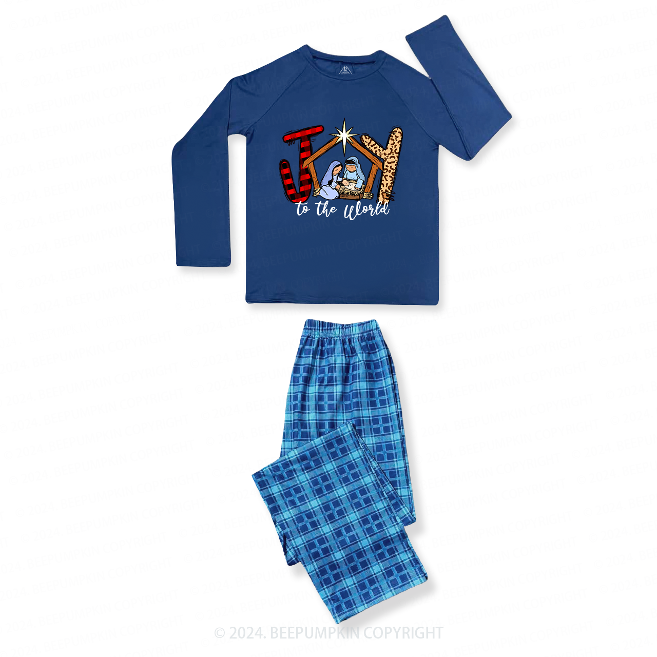 Joy to the World Christmas Family Matching Blue Pajamas Beepumpkin