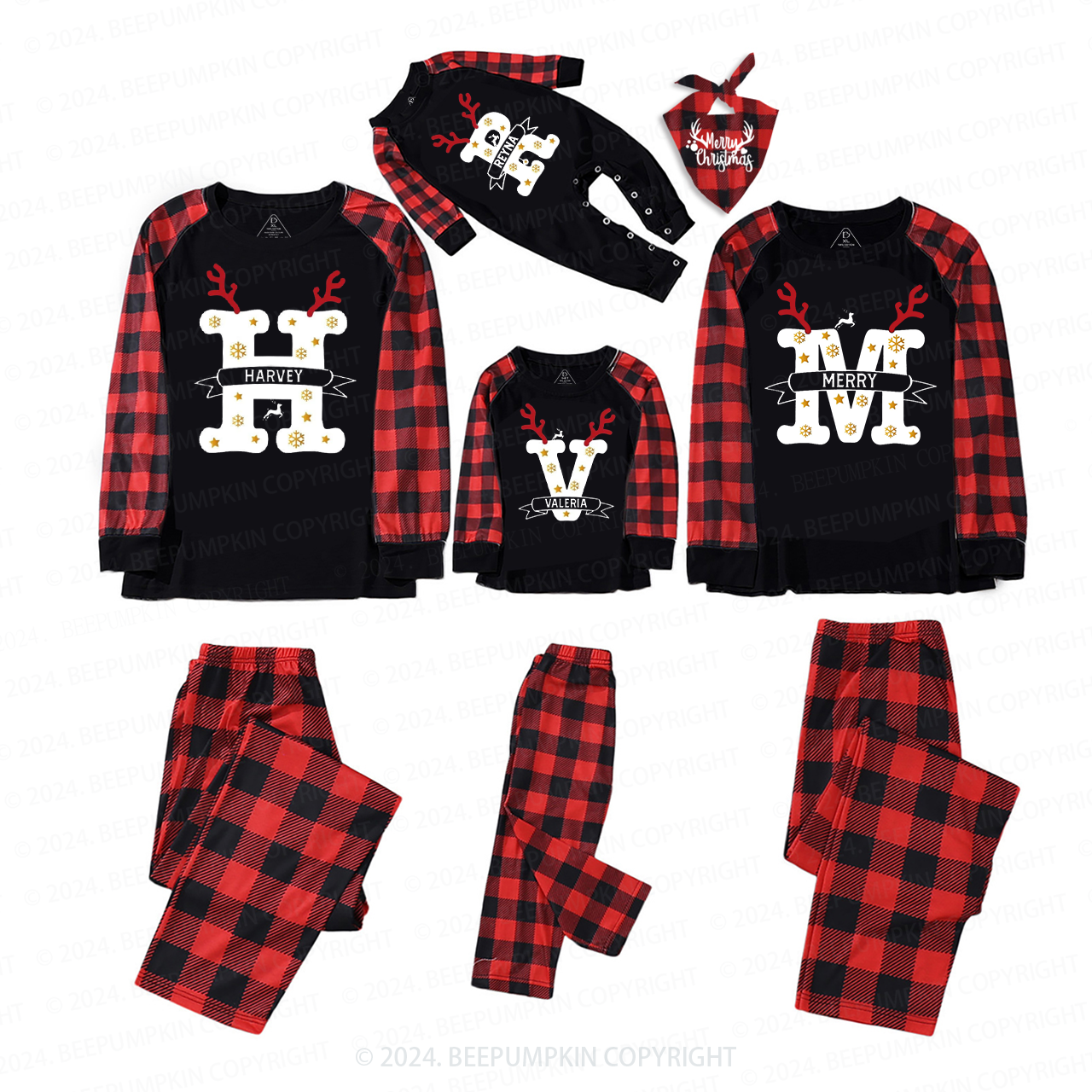 Personalized Antlers And Golden Snowflakes Matching Pajamas Beepumpkin